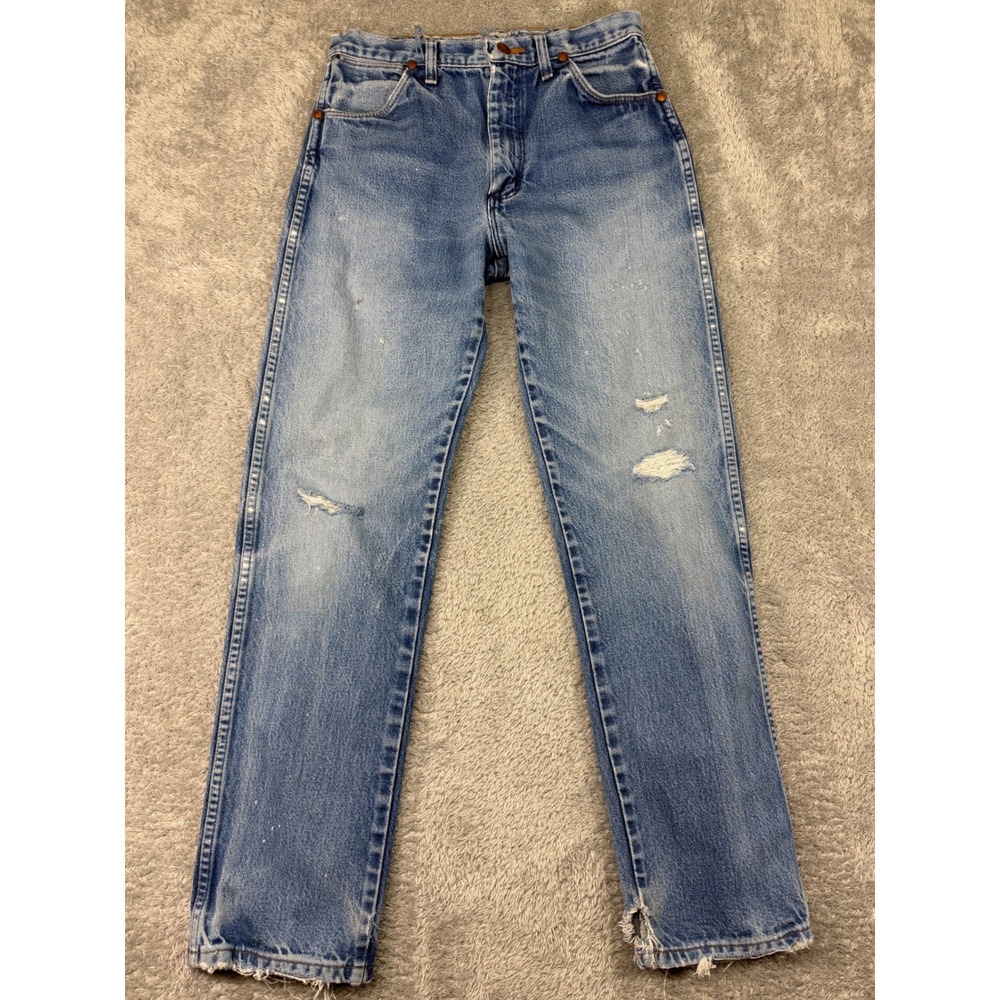 Vintage Wrangler Jeans Mens 28x30 Blue Straight Leg Distressed Denim Western USA